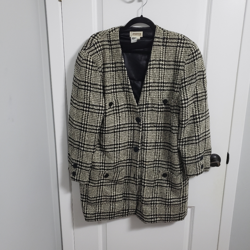 VINTAGE SYNONYME 100% Wool Black White Plaid Jacket Coat
